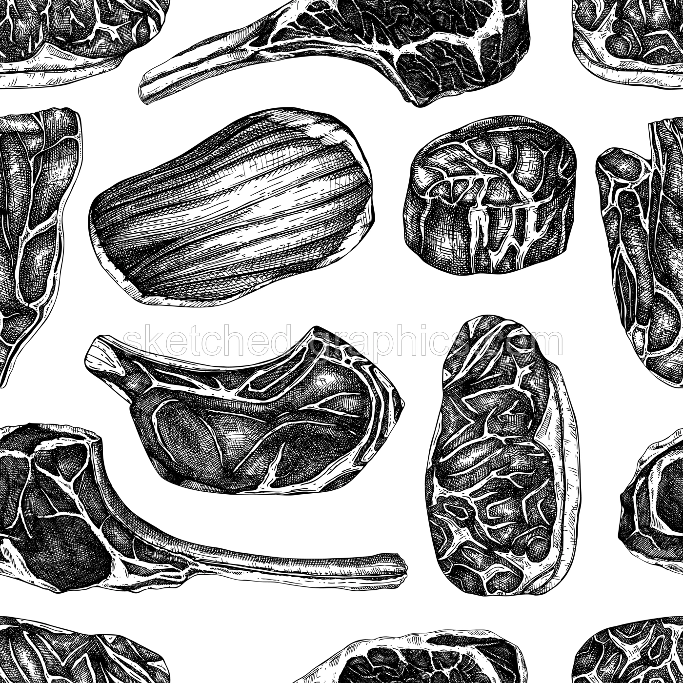 Steak house background. Healthy food seamless pattern. Raw steak vector sketches. Hand-drawn meat illustration. NOT AI generated Illustration